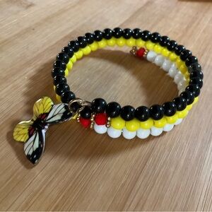 Hand Crafted Wrap Bracelet with Butterfly Charm Yellow Black Red White Bead